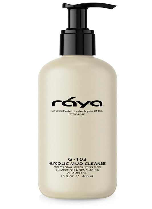 Raya Glycolic Mud Facial Cleanser with AHA 16 oz (G-103) | Exfoliating pH Balanced Facial Cleansing Fluid for Non Sensitive, Dry and Combination Skin | Made with Alpha Hydroxy Acid and Volcanic Mud